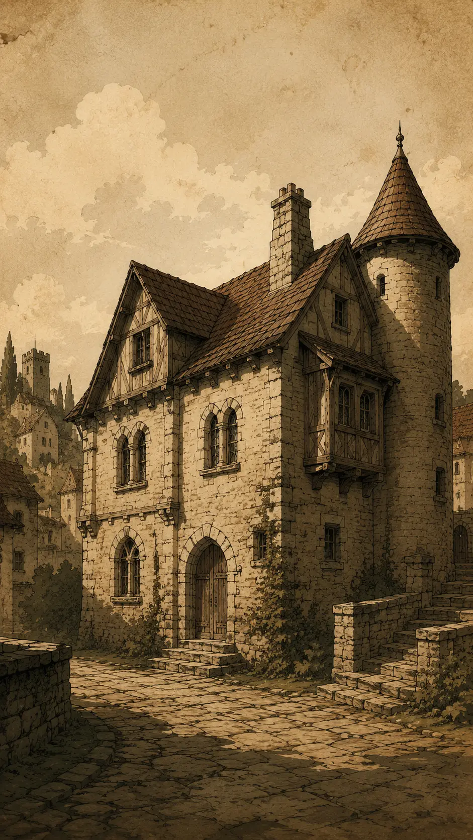 Illustration gravée d’une ruelle et d’une maison forte de Belvès