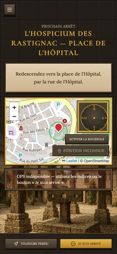 Capture du jeu : guidage vers le prochain lieu avec boussole et indices
